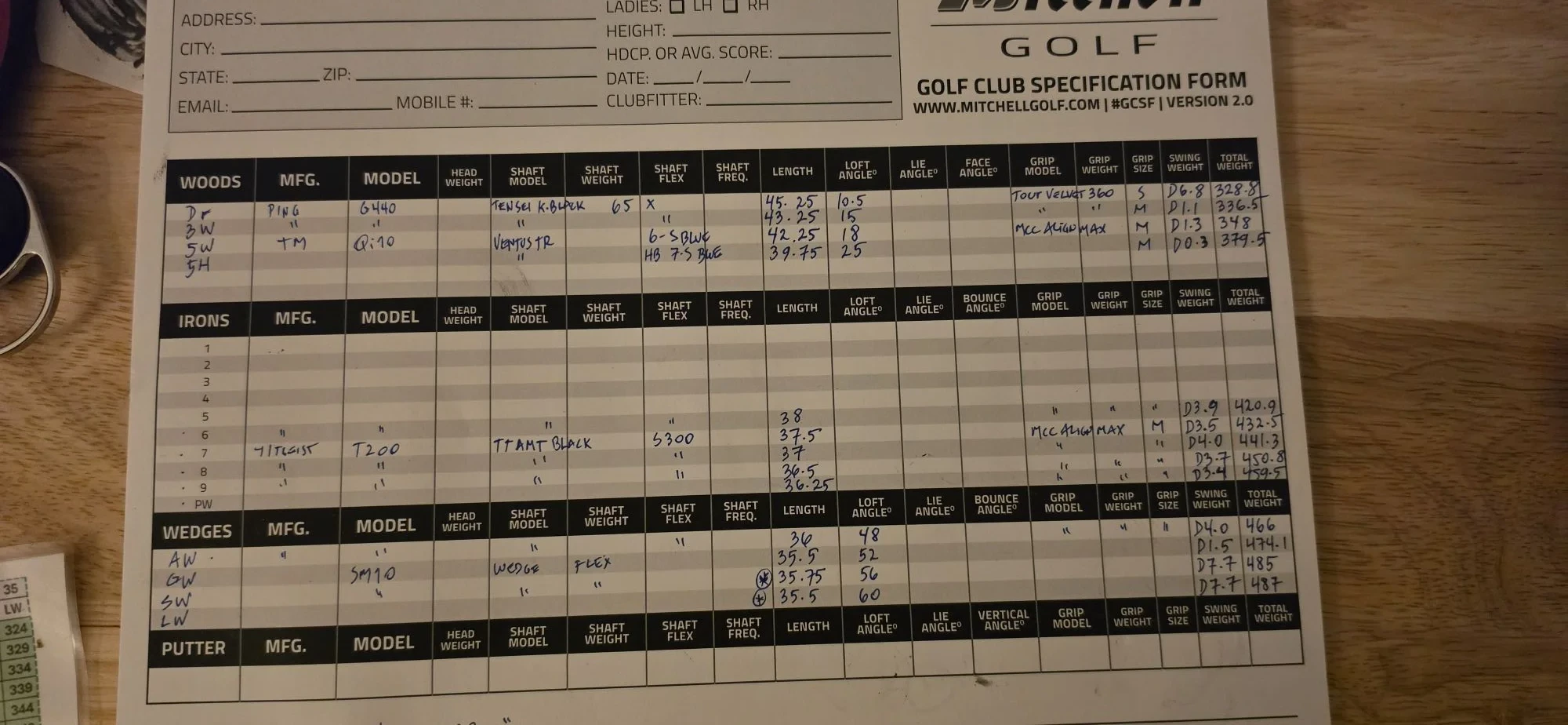 Handwritten Mitchell Golf specification record documenting club components, length, loft, grip and weight fields